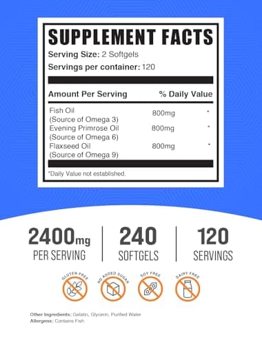 BulkSupplements.com Omega 3-6-9 Softgels - Triple Omega Supplement, from Flaxseed, Evening Primrose & Fish Oil- 2 Softgels per Serving, 240 Count (Pack of 1)