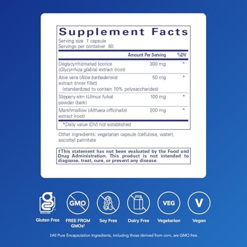 Pure Encapsulations DGL Plus - Gut Health Supplements for Men & Women - with Marshmallow Root, Aloe Vera Extract & Slippery Elm Bark - Non-GMO & Vegan - 60 Capsules