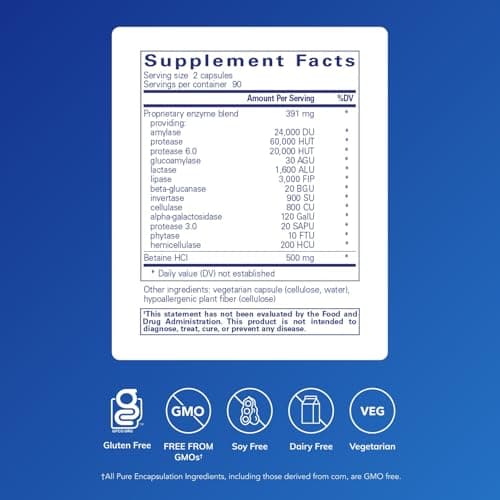 Pure Encapsulations Digestive Enzymes Ultra with Betaine HCl - Vegetarian Digestive Enzyme Supplement to Support Protein, Carb, Fiber, and Dairy Digestion* - 180 Capsules