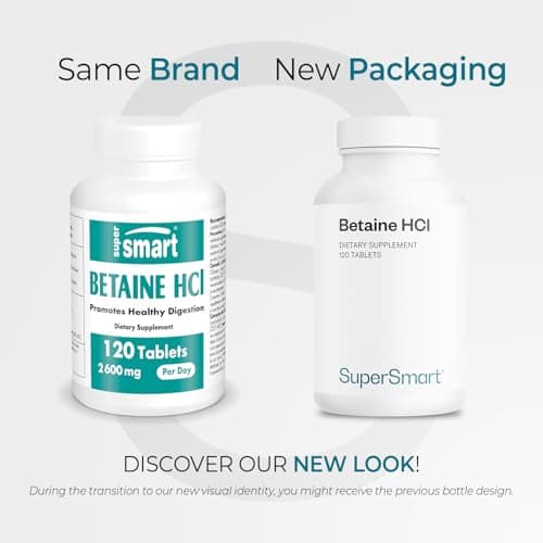 Supersmart - Betaine HCI 2600 mg Per Day - Hydrochloric Acid Formula for Healthy Digestion - Natural Source of Gastric Acidity | Non-GMO & Gluten Free - 120 Tablets