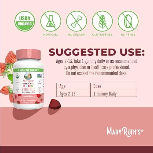 MaryRuth Organics Kids Probiotics for Digestive Health | USDA Probiotic Gummies | 2 Month Supply | Kids Probiotics | Immune Support | Gut Health Supplement | Vegan | Non-GMO | Gluten Free | 60 Count