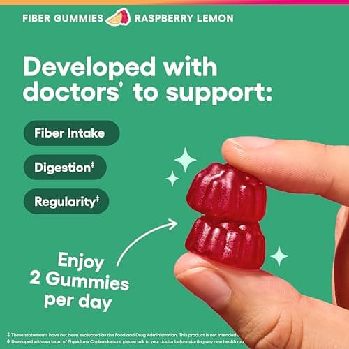 Physician’s Choice Fiber Gummies for Digestive Health & Regularity - Raspberry Lemon Flavor - No Sugar Added & Vegan - Natural Chicory Root Prebiotic Fiber - Daily Gummy for Adults, Women & Men - 60CT
