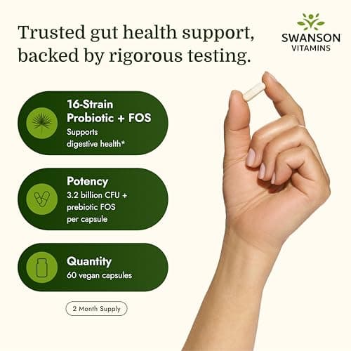 Swanson Dr. Stephen Langer's 16-Strain Probiotic with Prebiotic FOS for Gut-Health-Conscious Adults with 3.2 Billion CFU (60 Vegan Capsules)