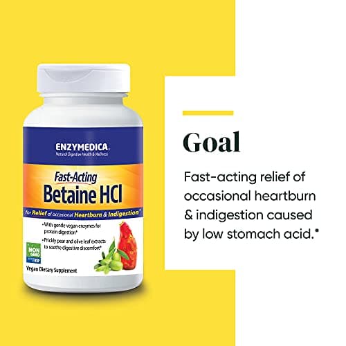 Enzymedica Betaine HCl for Men & Women - Betaine Hydrochloric Acid Supplement, Protease Digestive Enzyme Blend, Digestive Health Support, Occasional Heartburn & Indigestion Support, Vegan - 120 Caps