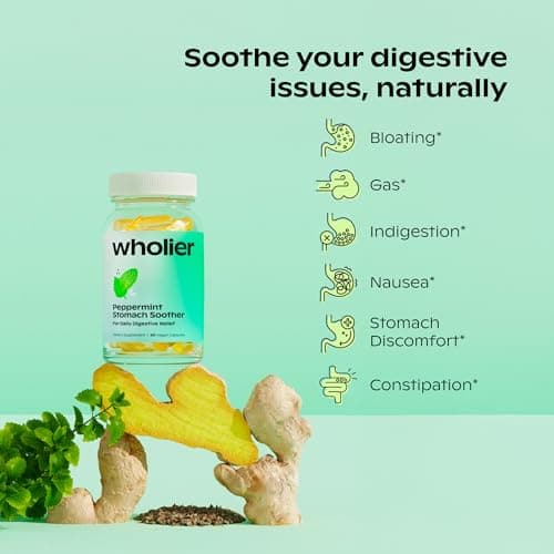 wholier Peppermint Stomach Soother with Peppermint Oil, Ginger, Fennel, Spearmint & Black Cumin Seed Oil, Bloating, Gas, Nausea & Digestive Support for Adults, Vegan, Gluten Free, 60 Dual Capsules