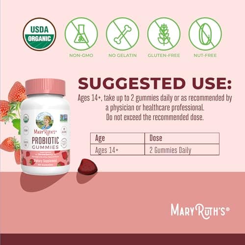 MARYRUTH'S USDA Organic Probiotic Gummies Probiotic Digestive Support | Immune Support | Digestive & Gut Health Supplement | 5 Billion CFU | Vegan | Non-GMO | Gluten Free | 60 Count