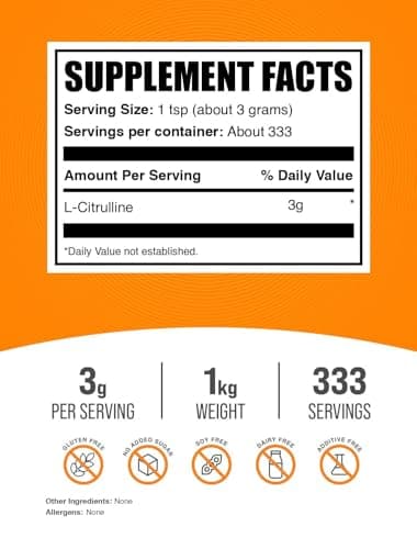 BulkSupplements.com L-Citrulline Powder - Citrulline Supplement, Nitric Oxide Supplement - Unflavored & Gluten Free - 3g per Servings, 1kg (2.2 lbs) (Pack of 1)