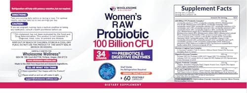 Wholesome Wellness Dr. Formulated Raw Probiotics for Women 100 Billion CFUs Capsules with Prebiotics, Digestive Enzymes, Approved for Adults, Shelf Stable Supplement