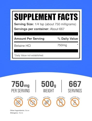 BulkSupplements.com Betaine HCl Powder - Betaine Hydrochloride Supplement, Digestive Support - Gluten Free, 750mg per Serving, 500g (1.1 lbs) (Pack of 1)