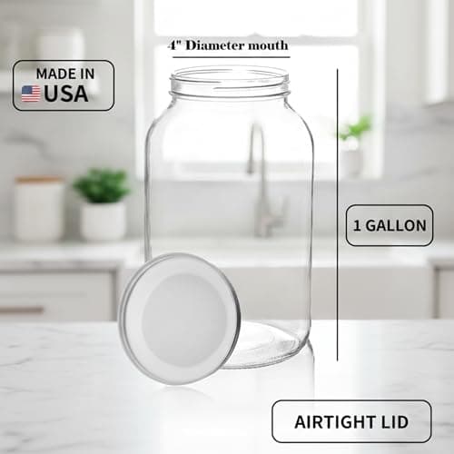 kitchentoolz Gallon Jar 1 Gallon Glass Jar with Lid – Gallon Mason Wide Mouth Large Glass Jar for Fermenting, Pickling, Canning, Fermentation Jar, Kombucha, and Food Storage – Made in USA