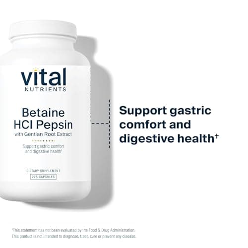 Vital Nutrients Betaine HCL Pepsin with Gentian Root Extract - Digestive Enzyme Formula to Support Protein Digestion and Nutrient Absorption* - Gluten, Dairy, Soy Free - 225 Capsules