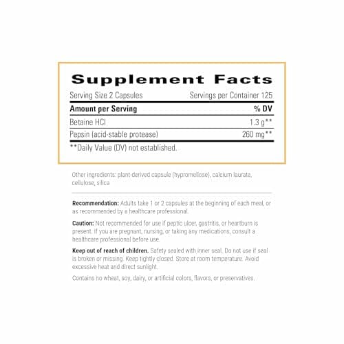 Integrative Therapeutics Betaine HCl - Digestive Support with Digestive Enzymes for Healthy Stomach Acidity* - Supports Gastric Function & Protein Digestion* - Dairy-Free - 250 Capsules (125 Servings)