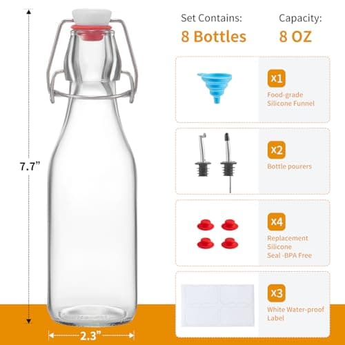 keigocare 8 Set, 8 OZ Swing Top Glass Bottles - Vanilla Extract Bottles Flip Top Beer Brewing Bottles with Stopper for Syrup Bottle,Kombucha,Mead Kefir,Extract,Juice,Tea,Wine - Airtight Cap Lids