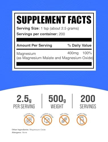 BulkSupplements.com Magnesium Malate Powder - Magnesium Supplements, High Bioavailabilty - Unflavored & Gluten Free, 2.5g per Serving, 500g (1.1 lbs) (Pack of 1)