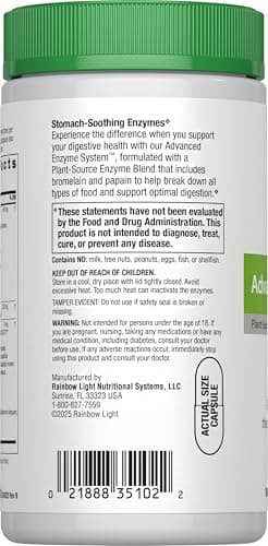 Rainbow Light Advanced Enzyme System, Plant-Source Enzyme Blend, 180 Capsules (Package May Vary)