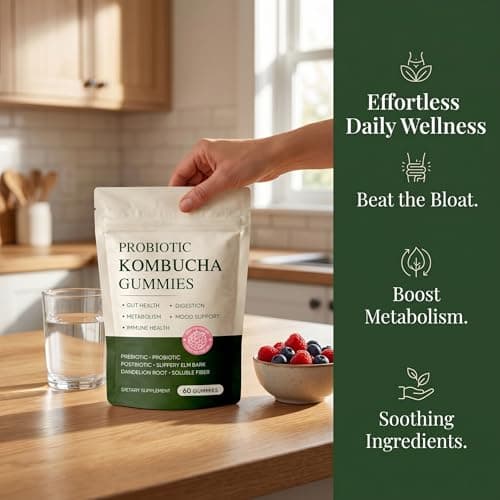 FQMUEV Jevawell Probiotic Kombucha Gummies | Prebiotics, Probiotics, Postbiotics | Slippery Elm Bark, Dandelion Root, Soluble Fiber, Mct Oil | Bloating, Gut Health | 60 Gummies