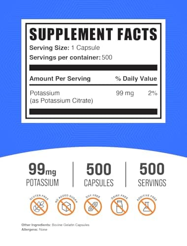 BulkSupplements.com Potassium Citrate Capsules - Mineral Supplement, Potassium Citrate 99mg - Gluten Free, 1 Capsule per Serving, 500 Count (Pack of 1)