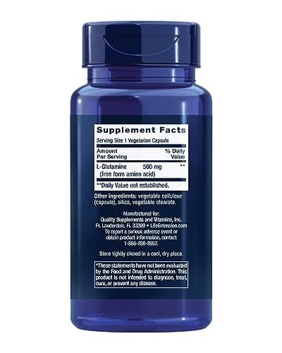 Life Extension L-Glutamine, 500 mg L-glutamine, Amino Acid, Supports Muscle Health and Immune Health, Gluten-Free, Non-GMO, 100 Vegetarian Capsules