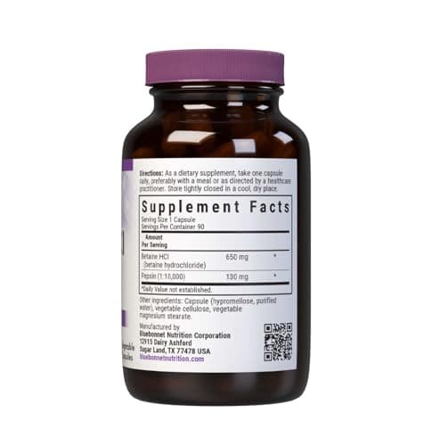 BlueBonnet Betaine HCI Plus Pepsin Vegetarian Capsules, 90 Count