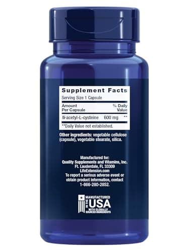 Life Extension N-Acetyl-L-Cysteine (NAC), Immune, Respiratory, Liver Health, NAC 600 mg, Potent antioxidant Support, Free-radicals, Easy to Absorb, 60 Capsules