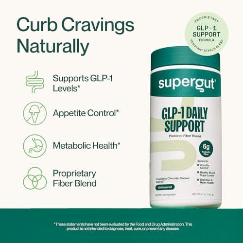 Supergut GLP1 Daily Support - High Fiber GLP-1 Supplement Powder for Women & Men - Sugar-Free Drink Mix for Gut Health (20 Servings)
