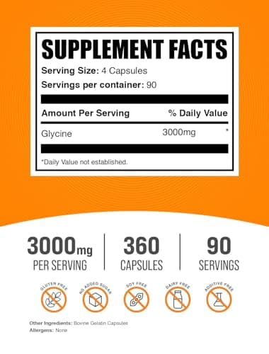BulkSupplements.com Glycine Capsules - Glycine Supplements, Amino Acid Supplement - Gluten Free, 4 Capsules per Serving, 360 Count (Pack of 1)