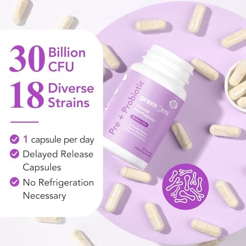Premom Prenatal Prebiotics & Probiotics for Women, 30 Billion CFU, 18 Strains, Organic Prebiotic & Womens Probiotic, Vaginal, Gut, & Digestive Health + Immune Support Supplement*, 30 Veggie Capsules