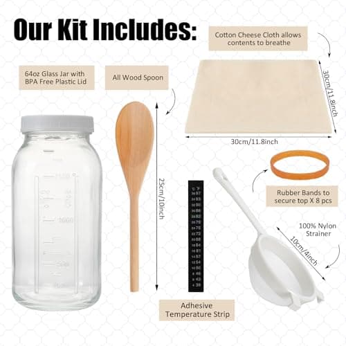 Honeydak 8 Pcs Complete Kefir Starter Kit Kombucha Fermenter Kit Half Gallon 64oz Mason Jar Wide Mouth with Plastic Storage Lid Nylon Mesh Strainer Cotton Cloth Cover and Wood Spoon
