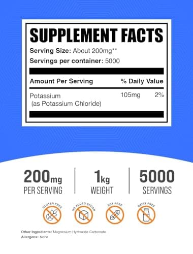 BulkSupplements.com Potassium Chloride Powder - Salt Substitute, Potassium Salt - Gluten Free, 200mg per Serving, 1kg (2.2 lbs) (Pack of 1)