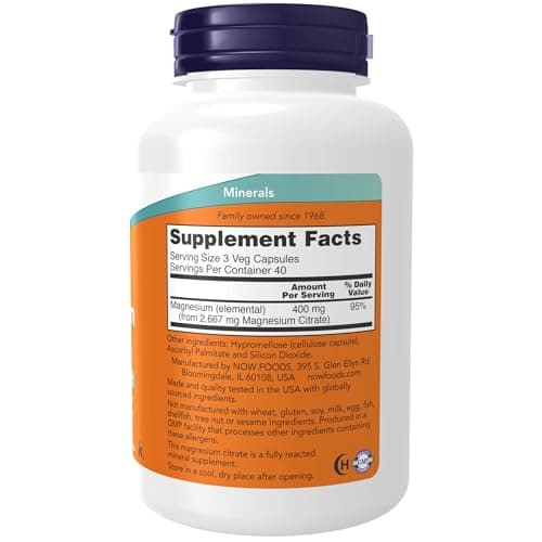 NOW Supplements, Magnesium Citrate, Enzyme Function*, Nervous System Support*, 120 Veg Capsules