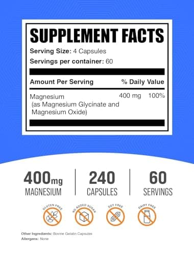 BulkSupplements.com Magnesium Glycinate Capsules - Magnesium Supplement, Highly Absorbed Form - Gluten Free, 4 Capsules per Serving (400mg), 240 Count (Pack of 1)