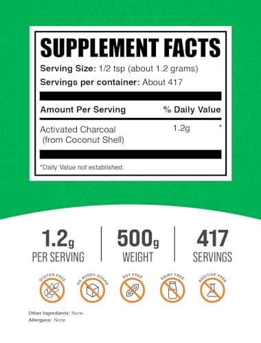 BulkSupplements.com Activated Charcoal Powder - from Coconut Charcoal, for Teeth Whitening - Vegan & Gluten Free, 1.2g per Serving, 500g (1.1 lbs) (Pack of 1)