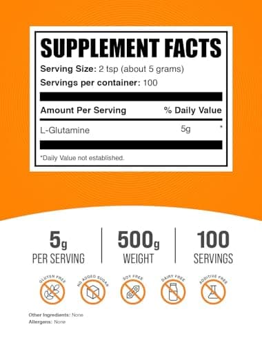BulkSupplements.com L-Glutamine Powder - Glutamine Supplement, Immune & Gut Health Support, Unflavored - Gluten Free, 5g per Serving, 500g (1.1 lbs) (Pack of 1)