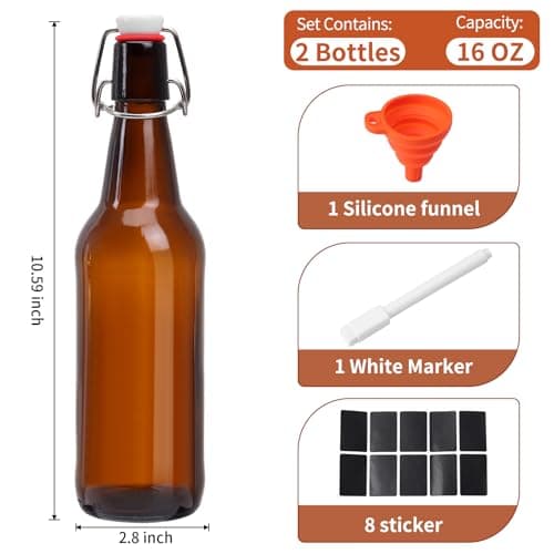 Ldylayi 16oz 2 Pack Amber Glass Beer Bottles with Airtight Rubber Seal Flip Caps,Swing Top Glass Bottles for Home Brewing, Kombucha, Beverages, Oil, Vinegar, Vanilla Extract,Water, Soda, Kefir