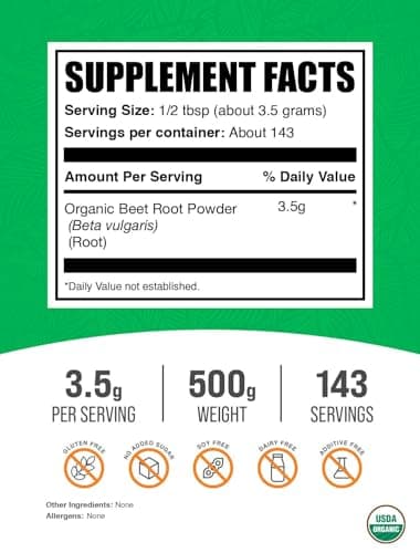 BulkSupplements.com Organic Beet Root Powder - Superfood Supplement, Beet Root Supplements - Vegan & Gluten Free, 3.5g per Serving, 500g (1.1 lbs) (Pack of 1)