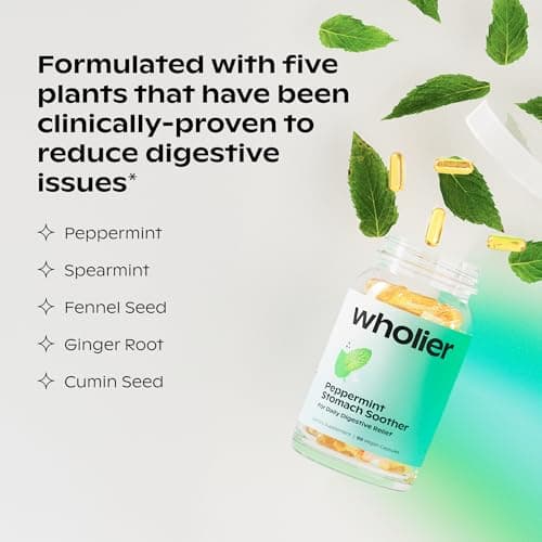 wholier Peppermint Stomach Soother with Peppermint Oil, Ginger, Fennel, Spearmint & Black Cumin Seed Oil, Bloating, Gas, Nausea & Digestive Support for Adults, Vegan, Gluten Free, 60 Dual Capsules