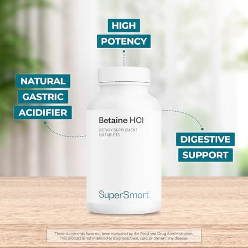 Supersmart - Betaine HCI 2600 mg Per Day - Hydrochloric Acid Formula for Healthy Digestion - Natural Source of Gastric Acidity | Non-GMO & Gluten Free - 120 Tablets