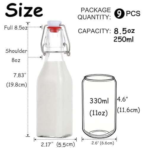 ZEBEIYU Swing Top Glass Bottles 8 oz with Airtight Lids for Home Brewing, Kombucha, Kefir, Vanilla Extract, Beer, Oil, Vinegar, Homemade Juices, Water,Soda Set of 9