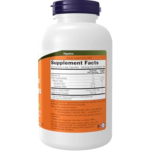 NOW Foods Supplements, Psyllium Husk Caps 700 mg with 50 mg of Apple Pectin, Intestinal Health*, 360 Veg Capsules