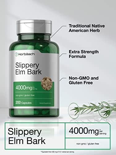 Horbäach Slippery Elm Bark Capsules | 200 Pills | Herbal Supplement | Non-GMO & Gluten Free