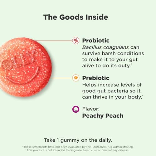 Olly Probiotic + Prebiotic Gummy, 500 Million Cfus, Fos, Adult Chewable Supplement For Men And Women, Peach Flavored, 30 Day Supply - 30 Count