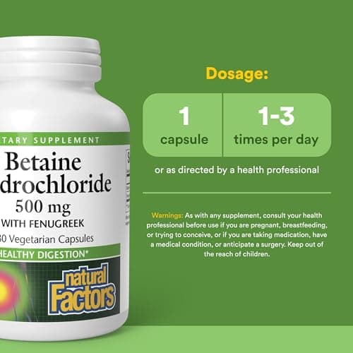 Natural Factors, Betaine HCL 500 mg, Supports Healthy Digestion and a Healthy Microbiome, 180 capsules (180 servings)