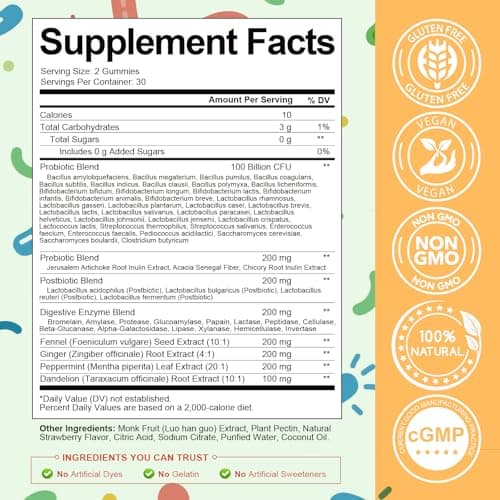 Totaria Sugar Free 5-in-1 Probiotic Prebiotic Postbiotic Gummy, 36 Strains Probiotics for Women Men with Digestive Enzymes, Peppermint, Complete Immune, Gut & Digestive Support, Vegan, 60 Counts