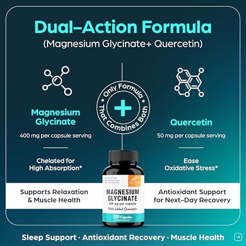 Magnesium Glycinate 400mg High Absorption Capsules with Quercetin | Quality Sleep, Relaxation & Muscle Health Supplement for Women and Men | Chelated Magnesium 120 Count (Pack of 1) | Easy to Swallow