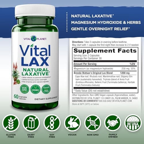 Vital Planet - Vital Lax Natural Laxative Cleanse Supplement for Occasional Constipation, with Magnesium Hydroxide, Slippery Elm, Aloe, and Triphala to Support Bowel Regularity 60 Capsules