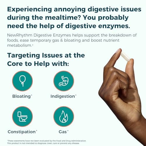 NewRhythm Digestive Enzymes 245 mg, with Probiotics and Prebiotics, Plant Based, 7 Key Enzymes, Digestion, Nutrient Absorption, Protease Amylase & Lipase, 60 Vegan Capsules