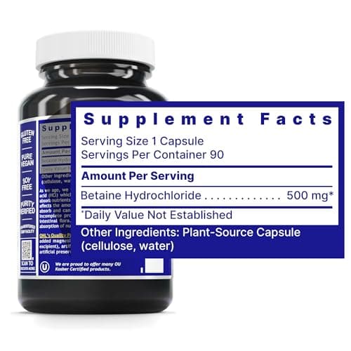 Quantum Nutrition Labs Quantum Betaine HCL - Betaine Hydrochloride, Betaine Hydrochloric Acid Supplement for Optimal Digestive Function and Low Stomach Acid, Betaine-HCL - 90 Plant-Based Capsules