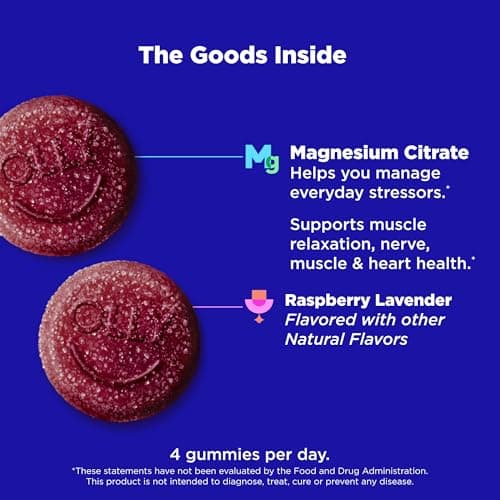 OLLY Relaxing Magnesium Gummies, Supports Muscle Relaxation*, Magnesium Citrate, Raspberry Lavender Flavor, 15 Day Supply - 60 Count