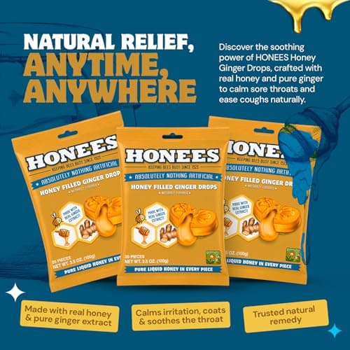 Honees Filled Honey Ginger Drops, Natural Cough Drops- Pure Ginger Sore Throat Relief - Nothing Artificial -Throat Coat Lozenges, Natural Cough Suppressant, Non-GMO (1 Pack – 20 Drops)