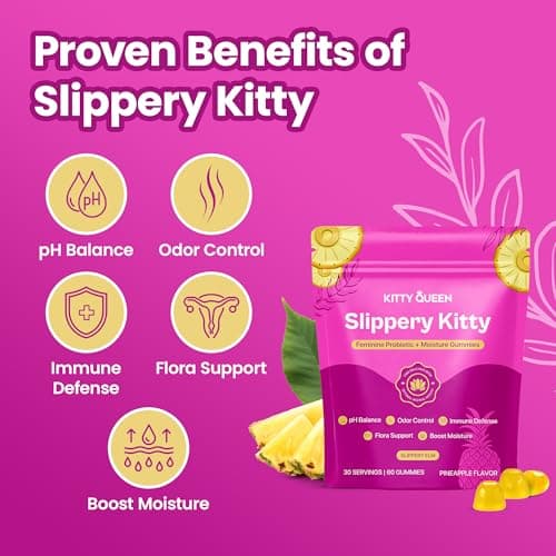 KITTYQUEEN Slippery Kitty Feminine Probiotic and Moisture Gummies, Pineapple Flavor, Women’s Probiotic Gummies for Vaginal Health, pH Balance, Odor Control, Flora Support and Moisture Boost, 60 Count